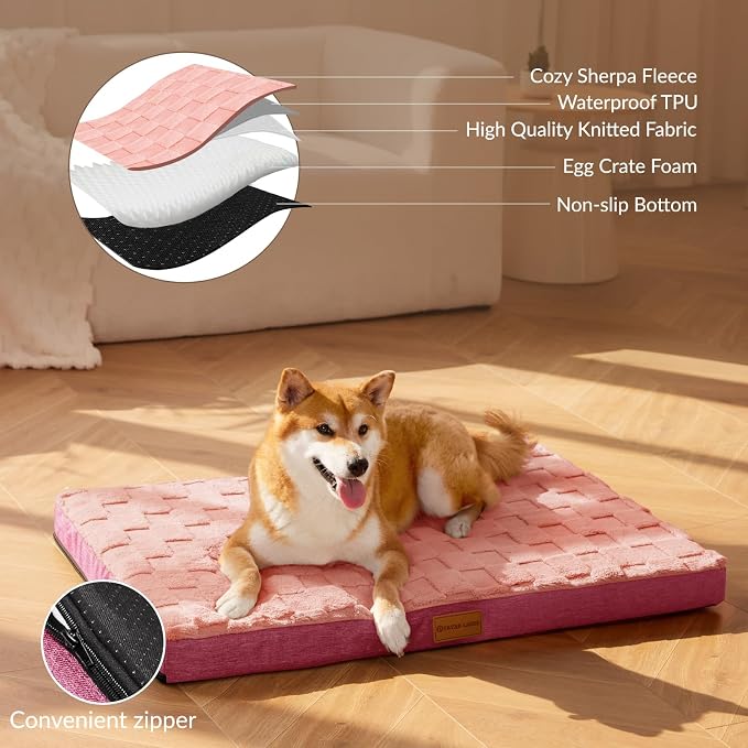 Patas Lague Orthopedic Large Dog Bed Washable Pet Crate Mat 42''X28'' Pink | Egg-Crate Foam Dog Couch For Large Sized Dogs, Waterproof Removable Cover, Soft Pet Bed With Nonskid Bottom