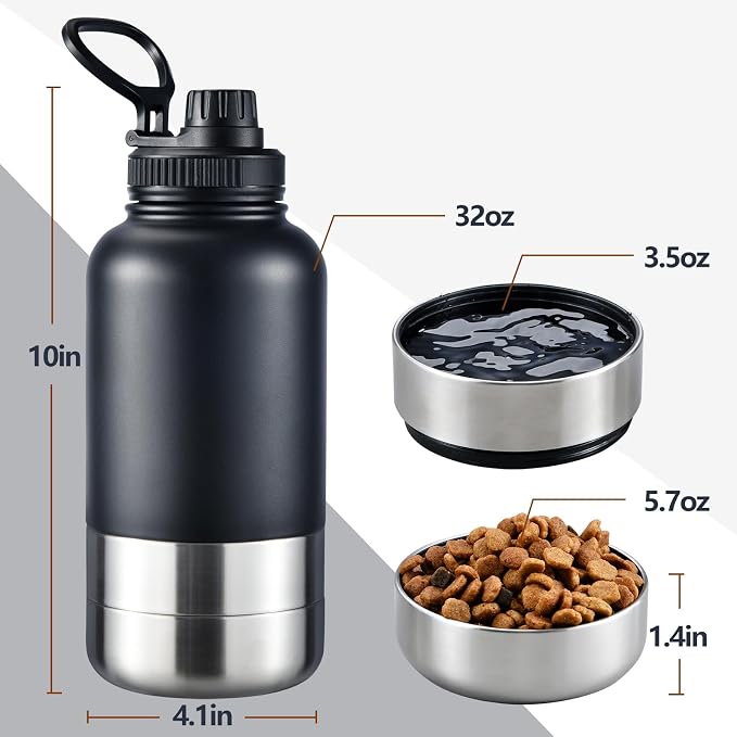 Cibaabo Insulated Dog Water Bottle with 2 Bowls, 32oz Travel Stainless Steel Double Wall Thermos, Portable Pet Dispenser, Gifts for Puppy Small Medium Dogs Walking Hiking and Camping