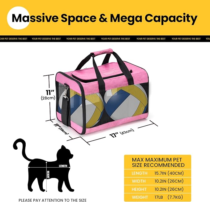 Conlun Cat Carrier Airline Approved, Soft-Sided Dog Carrier with Inner Safety Leash, Pet Transport Carrier for Small-Medium Cats Puppies up to 15 Lbs, Collapsible Travel Kitten Carrier Bag -Pink M