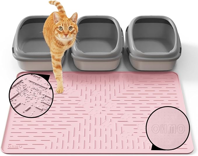 OHMO XL Cat Litter Mat, 37.5x25.2 Silicone Trapping Mat Pink | for Kitty Litter Box, Easy Clean, BPA Free Rubber, Center Litter Collection, Easy Pour-Back, Waterproof, Odor-Resistant