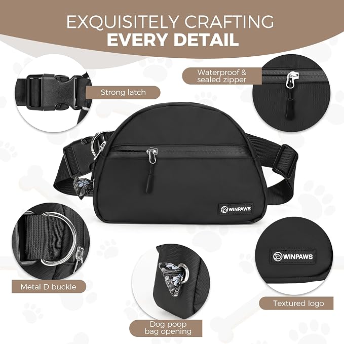 Dog Treat Pouch Pet Training Walking Fanny Pack with Built-in Poop Bag Dispenser & Waste Bag Holder | Stylish Puppy Training Essentials Supplies | Free Dog Clicker (Black)