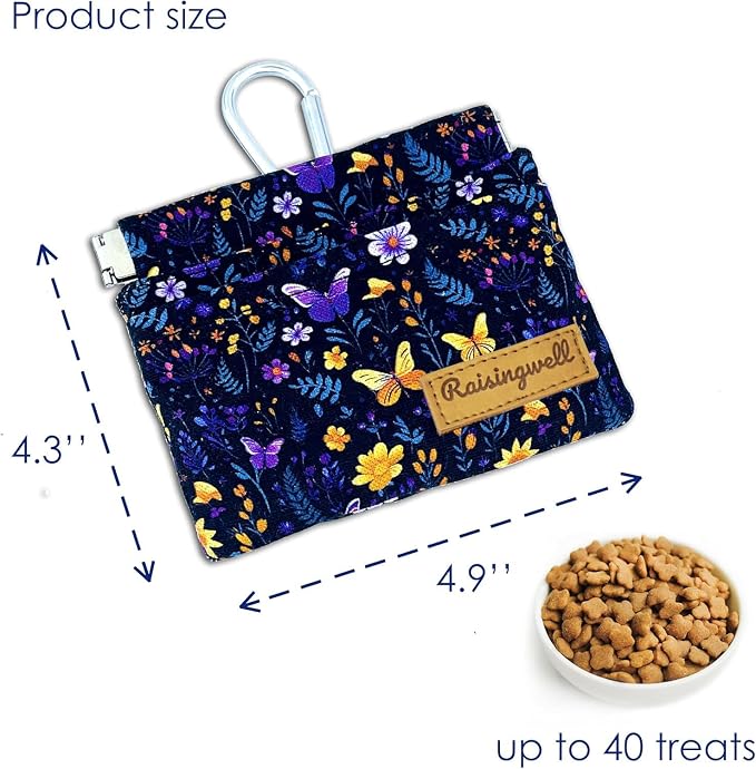 Raisingwell Dog Treat Pouch, Pocket Sized Pet Training Pouch, Cotton Fabric, Hand Free Purple Flower Dog Walking Bag with Carabiner, Self-Closing Pet Feed Snack Reward, for Puppy Travel or Outdoor Use