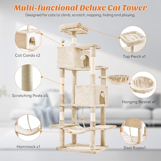 DUMOS Large 66 Inch Cat Tree Tower with Scratching Posts, Indoor Use | Tall Multi Level Cat Climbing Tower with Hammock, Pet Condo for Cats and Kittens Play, Beige