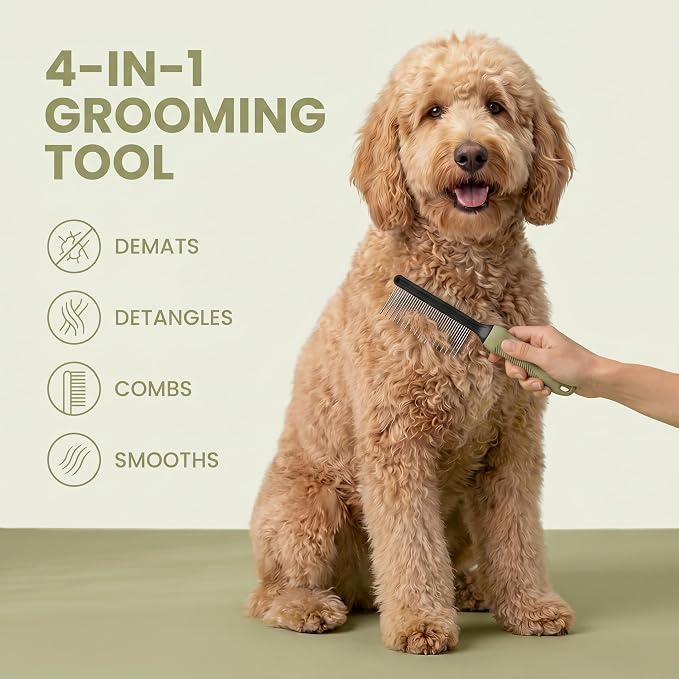 Poodle Grooming Comb - Metal Dematting Comb with Long & Short Stainless Steel Teeth for Removing Matted Hair & Knots, Safe and Gentle for Dogs & Cats (Green)