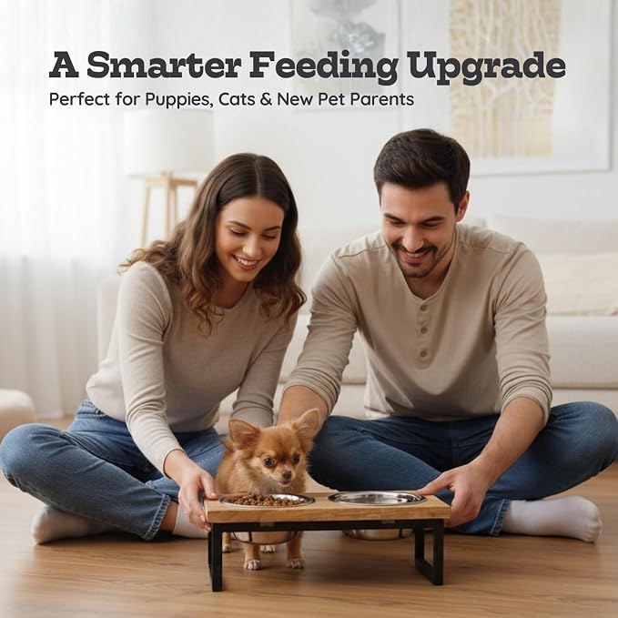 Elevated Dog Bowls, 4” Small Dogs & Cats Raised Bowl Mango Wood Stand, Food & Water 2 Stainless Steel Dishes Each 16oz/2Cup Capacity, Non-Slip Pet Feeder Station in Brown for Toy Breeds