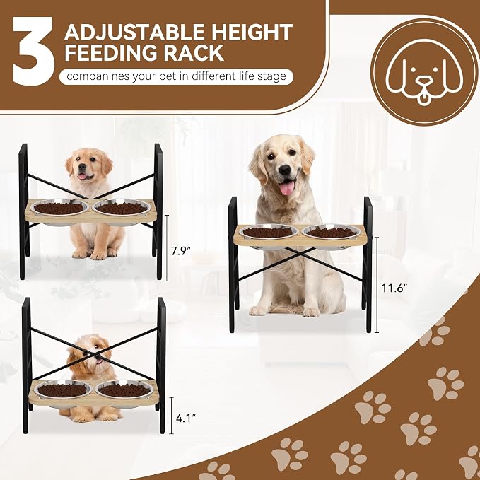 PUPETPO Elevated Dog Bowls, Adjustable Raised Dog Bowl Stand 4.1" to 11.6" | Black Metal Frame and Solid Wood Stand, Non-Slip Feet, 2 Stainless Steel Bowls 1.6L for Small to Medium Dogs, Cats and Pets