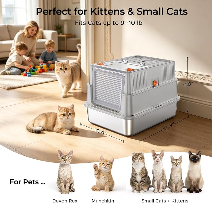 URPOWER Stainless Steel Cat Litter Box for Small Cats, Kitten Litter Box with 180° Flip-Top Lid Enclosed Metal Kitty Litter Box with Mat & Scoop, Odor Free, Non-Sticky, Non-Sticky, Easy Cleaning
