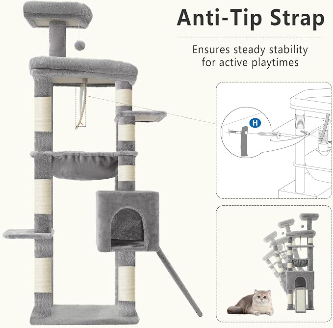Heybly 64.2" Heavy-Duty Cat Tree for Large Cats with Wide Base HCT027W | Indoor Cat Tower with Scratching Posts & Board, Cat Furniture with Big Platforms, Extra-Large Hammock, Light Gray