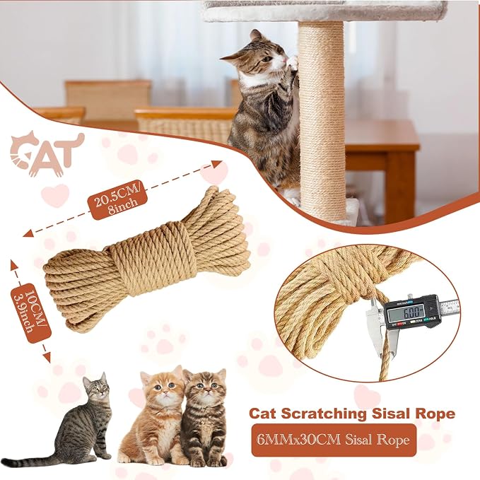 98FT/30M Natural Sisal Rope for Cat Scratching Posts, 6mm Thick Jute Hemp Cat Rope for Cat Tree Replacement, Cat Scratch Post Repair, DIY Projects, and Furniture Wrapping