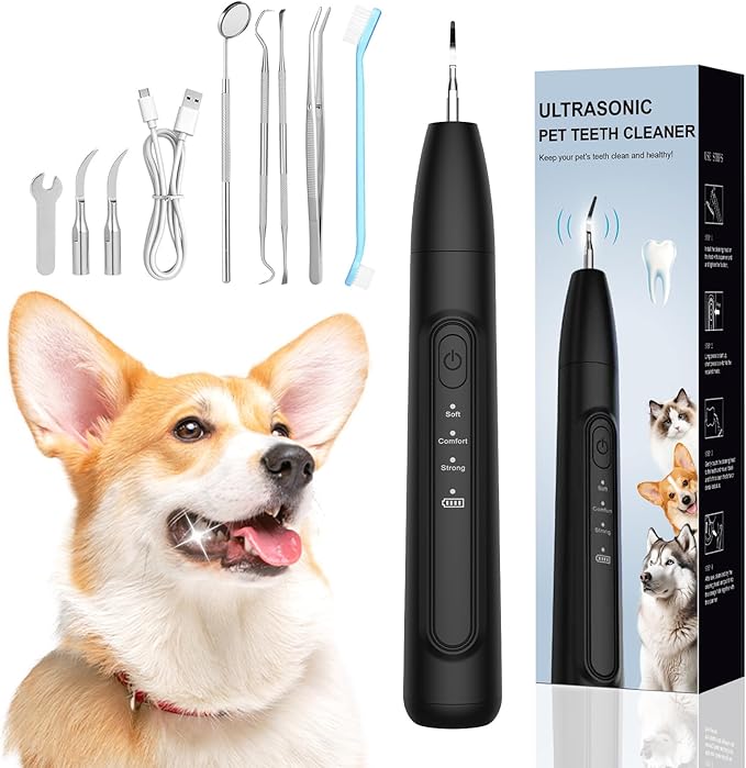 Ultrasonic Dog Plaque Remover Tool, 3 Modes Plaque and Tartar Remover for Dogs, Low Noise Sonic Dog Tartar Remover Plaque Remover with Toothbrush 2 Cleaning Head for Pet Dental Care, Black