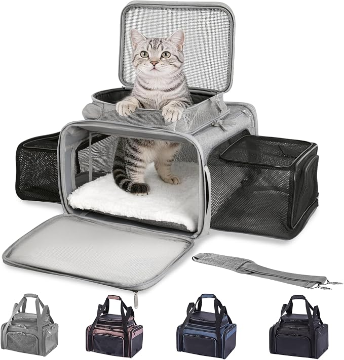 Cat Carrier Soft Sided, Expandable Pet Carrier for Medium Small Pets, Collapsible Travel Carrier with Hard Shell, 360° Panoramic Mesh