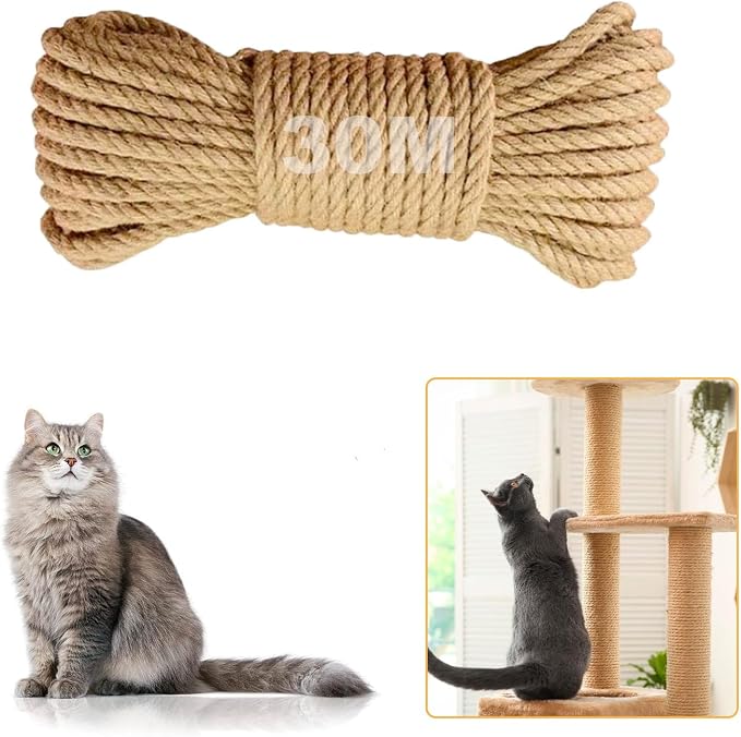 98FT/30M Natural Sisal Rope for Cat Scratching Posts, 6mm Thick Jute Hemp Cat Rope for Cat Tree Replacement, Cat Scratch Post Repair, DIY Projects, and Furniture Wrapping