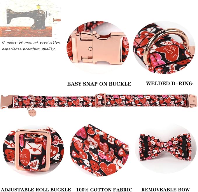 DOGWONG Valentine's Dog Collar with Bow - Cute Heart Bowtie Dog Collars, Adjustable Valentine Pink Candy Heart Pet Design Dog Collar with Quick Release Buckle for Puppy Girl Boy Dogs