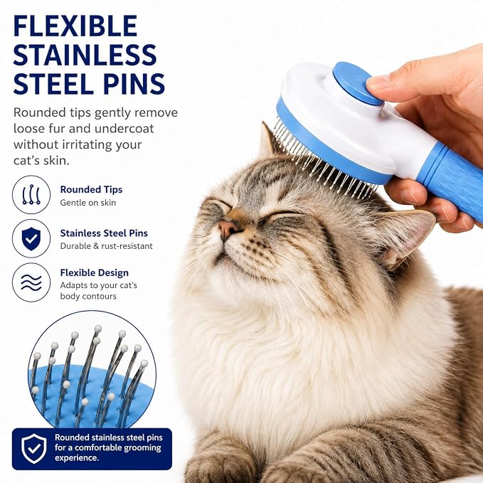 Cat Brush for Shedding & Dog Grooming, Self Cleaning Slicker Brush, Deshedding Tool with Easy Release Button, Rounded Stainless Steel Pins for Long & Short Hair Pets (Blue)