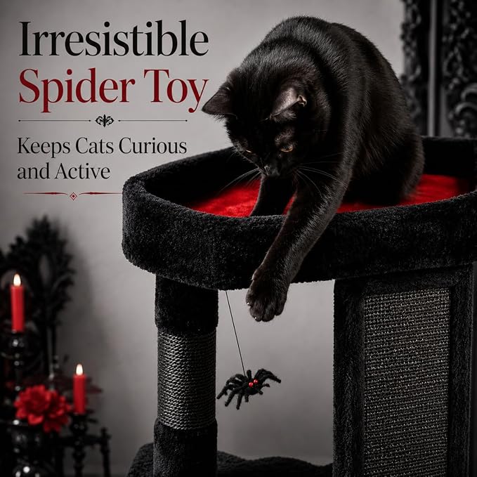 Gothic Cat Tree Tower with Coffin Cat Bed for Indoor Cats, Halloween Spooky Cat Scratcher,Goth Cat Tree with Sisal Scratchig Post and Spider Dangling Toys,Black with Red