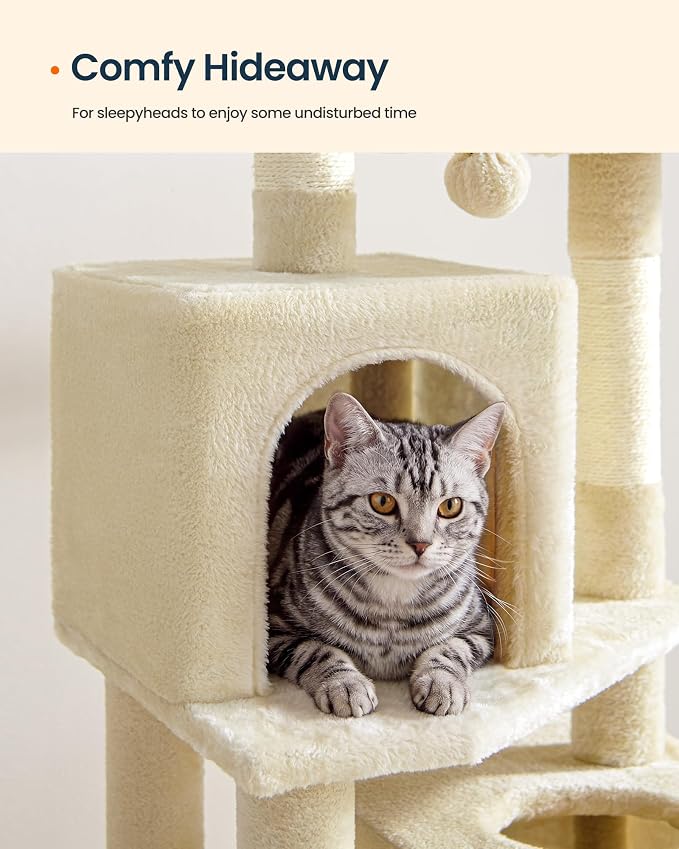 SONGMICS HOME Cat Tree for Indoor Cats, Multi-Level Cat Tower with Sisal Scratching Posts, Hammock and Condo, Beige