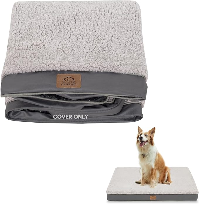 Sunheir Waterproof Dog Bed Covers Replacement Washable, Pet Bed Cover Only | Removable Machine-Washable Soft Plush Cover in Easy-Clean, Non-Slip Bottom, Zipper Closure, 35x22x3 Inches, Grey