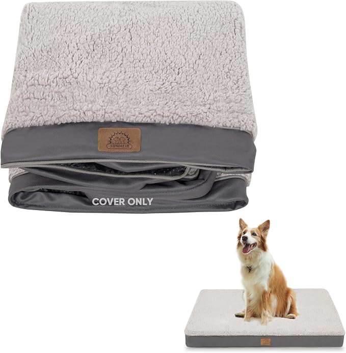 Sunheir Waterproof Dog Bed Covers Replacement Washable, Pet Bed Cover Only | Removable Machine-Washable Soft Plush Cover in Easy-Clean, Non-Slip Bottom, Zipper Closure, 36x27x3 Inches, Grey