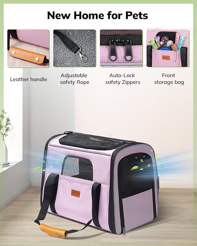 Morpilot Portable Cat Carrier - Soft Cat Carrier for Medium Cats and Puppy up to 15lbs,with Dual-Sided Cushion, Secure Buckle and Foldable Bowl, Dog Carriers for Small Dogs - Pet Carrier (Pink)