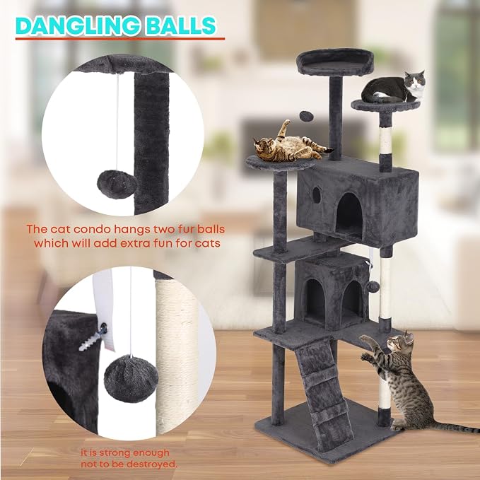FDW | 70" Cat Tree Tower | Light Gray | Multi-Level Indoor Activity Center with Sisal Scratching Posts, Condos, Plush Perches, Hanging Cat Toys | Sturdy, Easy to Assemble | for Kittens & Adult Cats