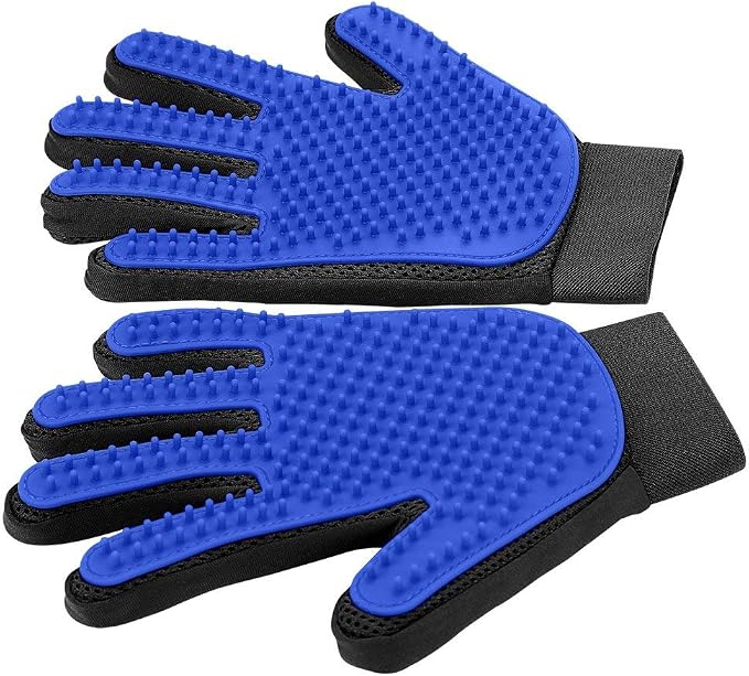 Pet Hair Removal Glove with 255 Silicone Tips for Dogs & Cats, 1 Pair Blue | 2-in-1 Deshedding & Massage Mitt, 5-Finger Flexible Design, for Bathing & Grooming, Safe for Long/Short/Curly Hair Pets