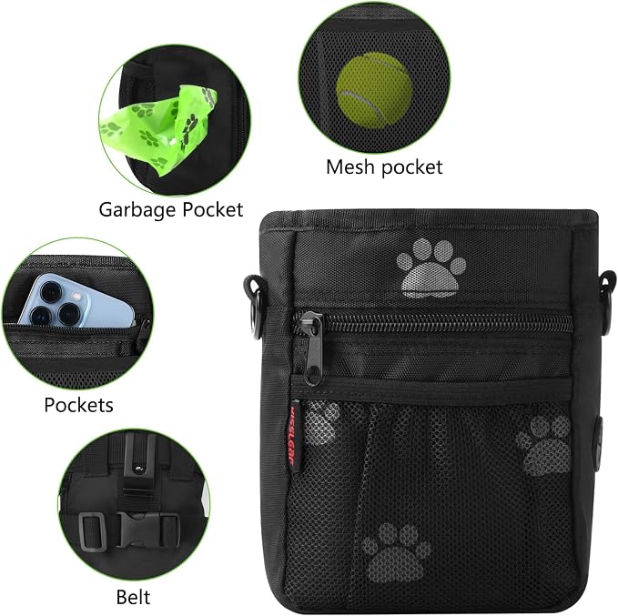 Dog Treat Pouch, Magnetic Closure, Dog Clicker- Black Pattern | Dog Training Treat Pouch, Large Size, Nylon Material, Magnetic Closure & Clicker, for Walking, Obedience & Outdoor Use