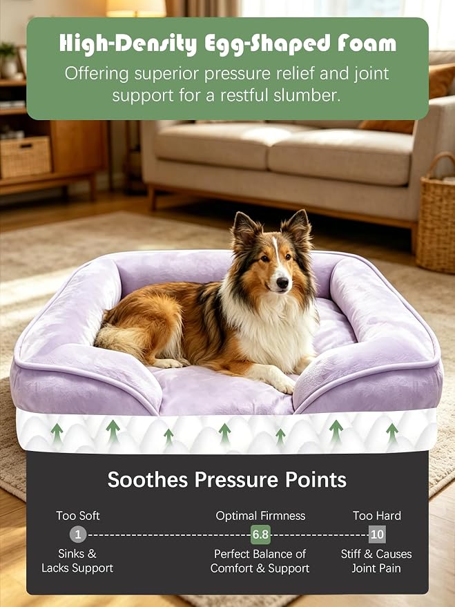 Spotted Play Orthopedic Dog Bed with Sides - Sofa Beds for Large Dogs, Supportive Foam Pet Couch Bed with Washable Removable Cover, Waterproof Lining and Non-Slip Bottom, Purple - L-Plus