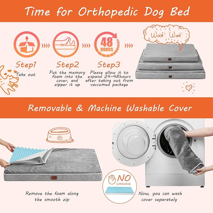 EHEYCIGA Large Washable Dog Crate Bed with Memory Foam, 35x23Inch, Grey | High Density Egg Crate Foam, Waterproof Liner, Removable Easy Clean Cover, Non-Slip Bottom, Fits Crate, Floor and Sofa