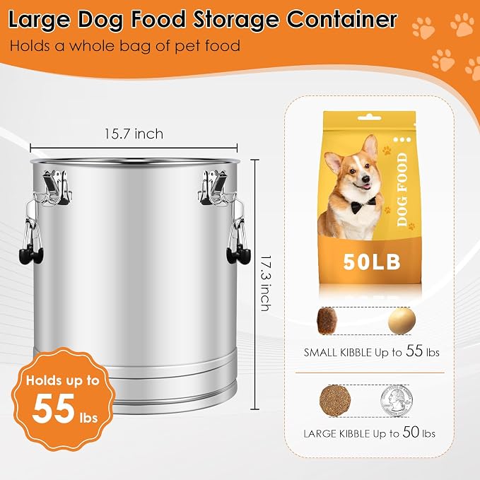 Stainless Steel Dog Food Storage Container,50LB/55LB Airtight Dog Food Storage Container with Lid to Keep Fresh,Easy Clean Large Pet Food Storage Container with Scoop for Cat Food,Chicken Feed,Rice
