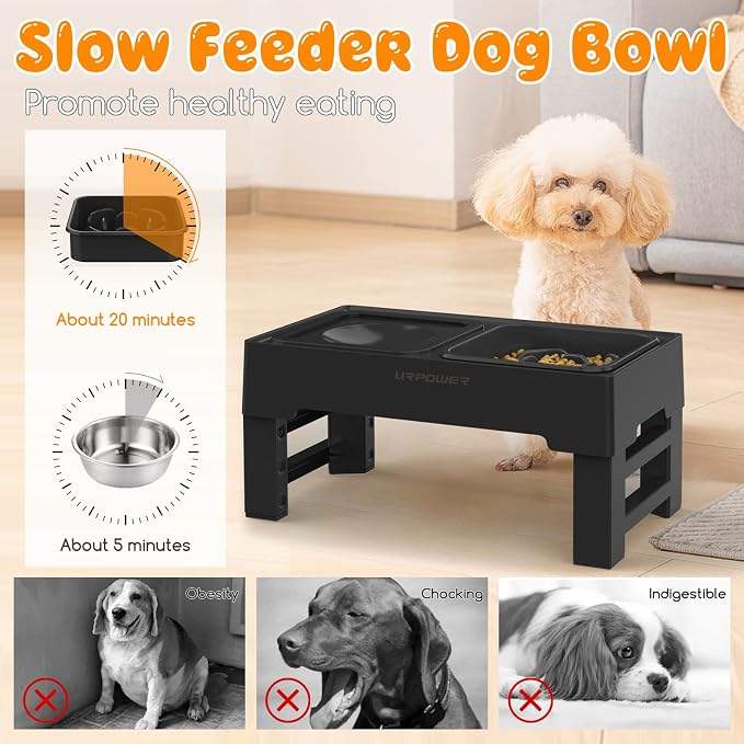 URPOWER 2-in-1 Elevated Slow Feeder Dog Bowls with No-Spill Water Bowl | 4 Height-Adjustable Raised Dog Bowls, Non-Slip Food and Water Bowls with Stand for Small, Medium, Large Dogs, Cats and Pets