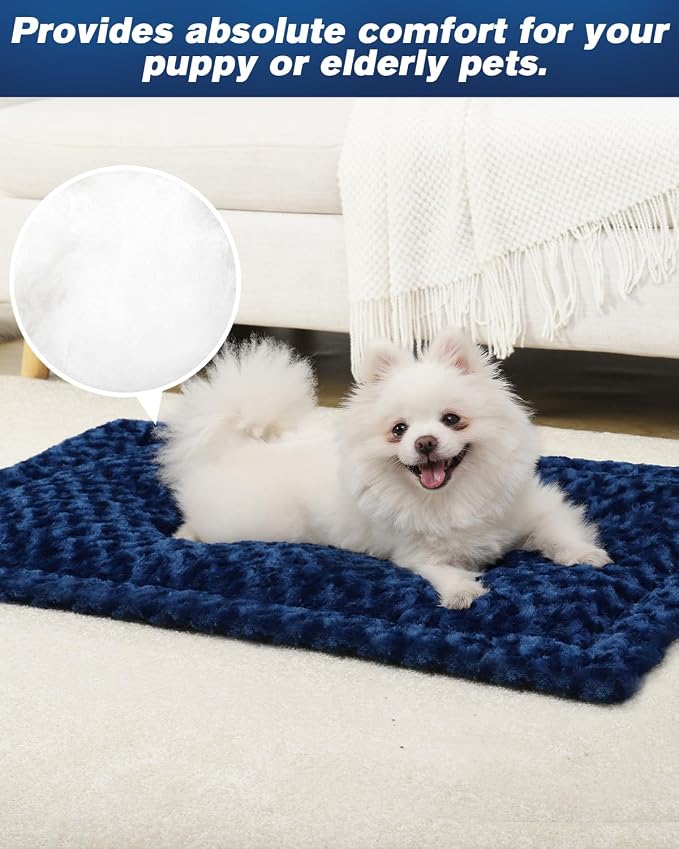 Exsnugy Washable Dog Bed Mat Large Size Fluffy Pet Crate Pad 42x28 XL | Non-Slip Bottom Kennel Beds Ultra Soft Comfy Sleeping Mattress for Large Medium Small Dogs Blue