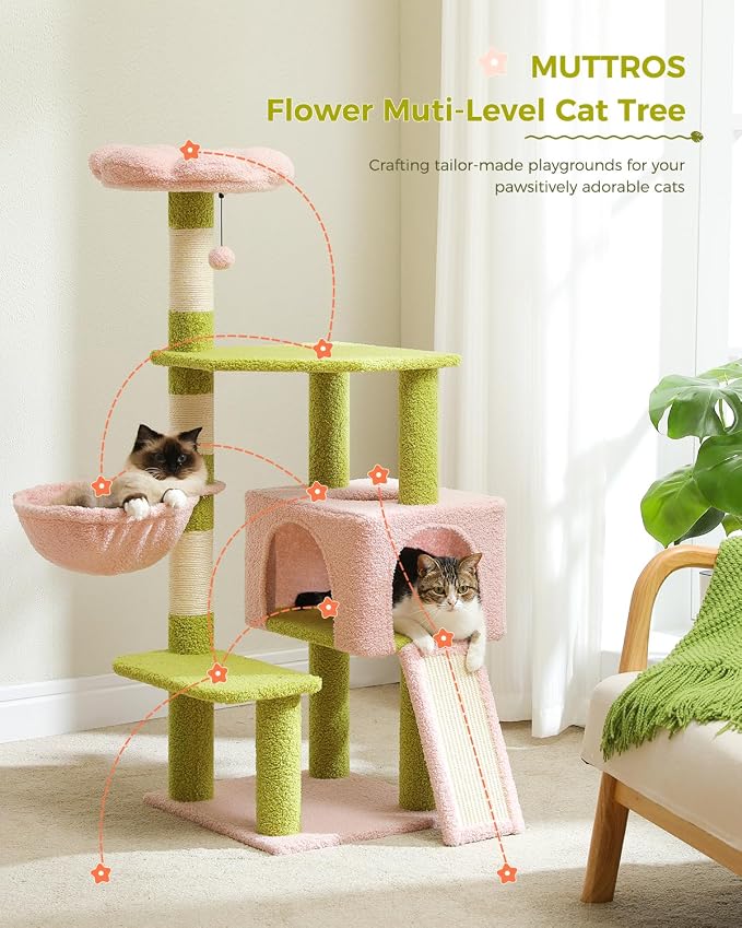 Flower Cat Tree 47.2" Multi-Level Cat Tower with Sisal Covered Scratching Posts, Cute Cat Condo for Indoor Small Medium Cats, Pink Top Perch, Fluffy Ball, Pink | Multi-level layout, Sisal-wrapped posts, Pink flower perch, Fluffy ball toy, Cozy condo, F...