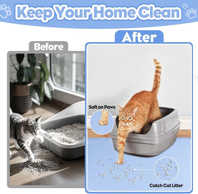 Silicone Cat Litter Mat for Litter Box 40”x28” Large Cat Mat, Blue | Waterproof, Non-Slip, Leak-Proof Rug Mat with Lip, Easy to Clean, Extra Large Litter Catcher Mat for Floor
