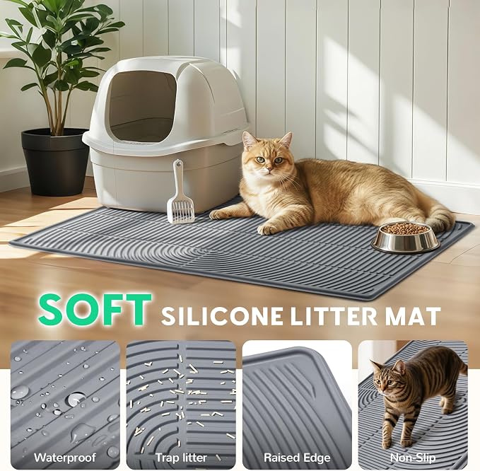 Pawtasy Cat Litter Mat,34" x 22" Large Silicone Pad for Floor Waterproof Litter Trapping Mat for Scatter Control Soft on Kitty Paws Non-Slip Easy to Clean