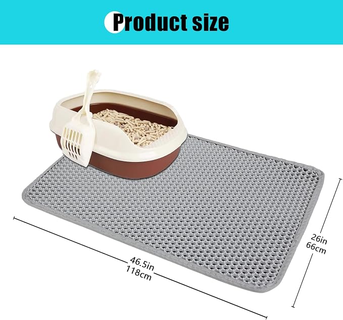 Cat Litter Mat 26"x24.5", Double Layer Waterproof Litterbox Mat, Gray | Non-slip backing, washable for easy cleanup, traps stray litter with waterproof honeycomb large grid that is urine-proof.