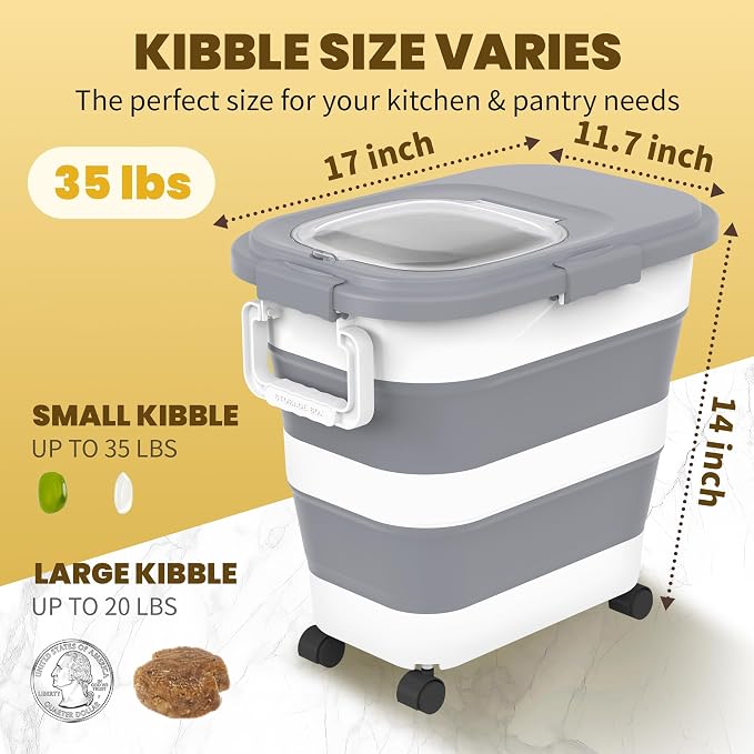 HOYTAMDA 25-35Lbs Collapsible Rice Container,Food Storage Containers Wheels | Rice Storage Container with Airtight Clear Lid,Handle,Small Bin &Scoop,Rice Dispenser for Flour Sugar Cereal Dog Cat Food