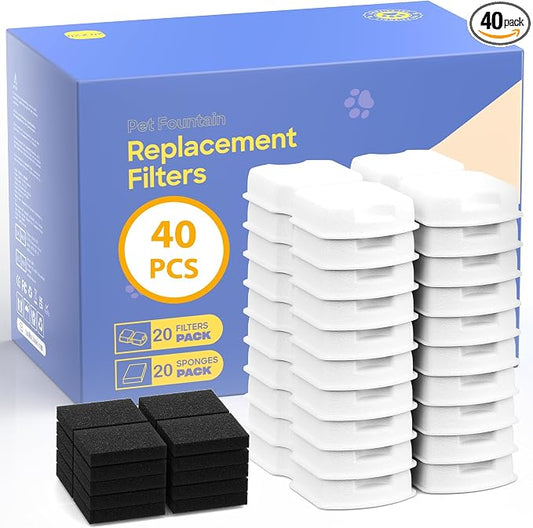 GIOTOHUN Filters for Cat Water Fountain: 40 Cat Water Fountains Filter - 20 Carbon Filters & 20 Foam Filters - Suitable for GIOTOHUN Stainless Steel Cat Fountain S11