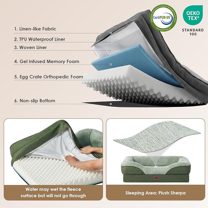 EHEYCIGA Orthopedic Dog Bed for Medium Dog, 35x22 Inch Memory Foam Dog Couch Bed with Sides, Waterproof Liner & Washable Removable Cover, Bolster Pet Sofa, Green