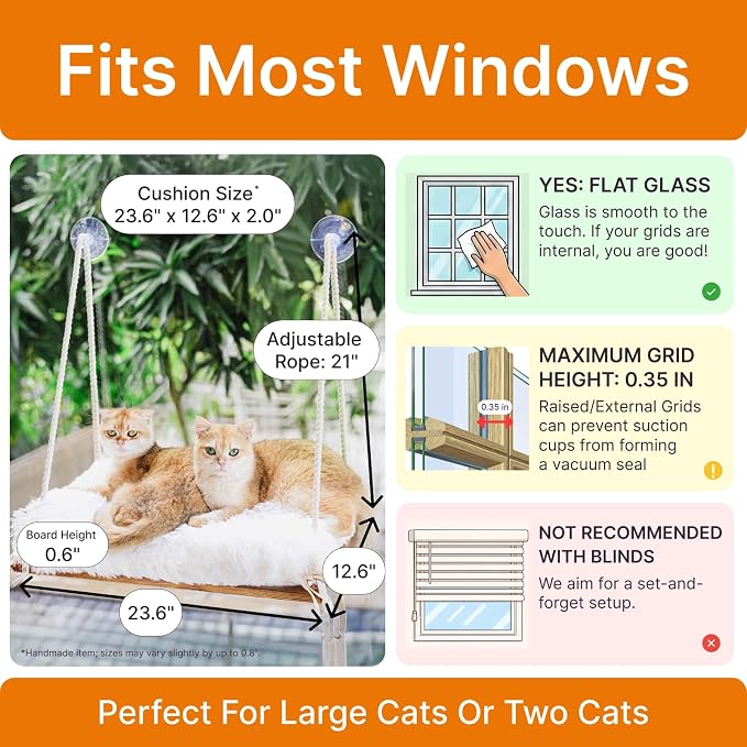 Large Cat Window Perch with Industrial-Grade Suction Cups - Solid Pine Wood Hammock Bed, Soft Cushion - 42 lb Capacity for Heavy Cats Inside