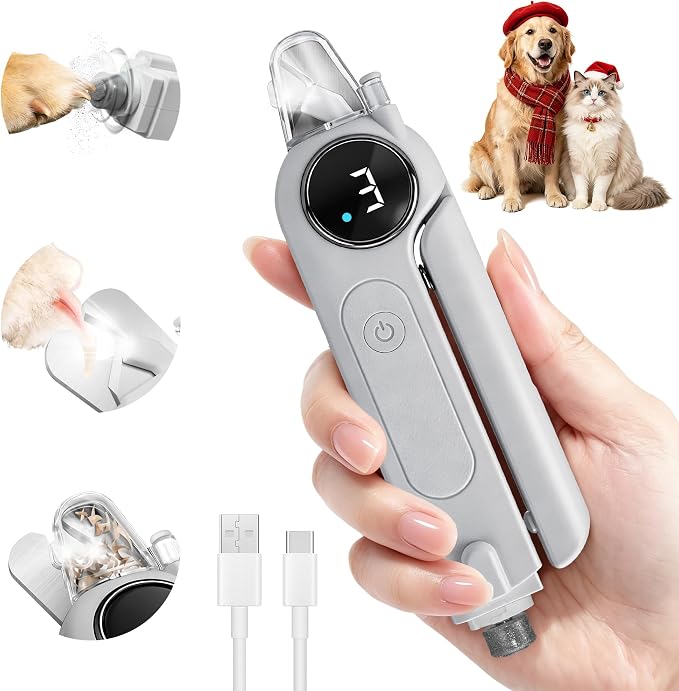 2-in-1 Quiet Electric Pet Nail Clipper & Grinder with Light for Dogs Cats (Gray) | Dual LED Lights,3-Speed Grinder,Nail Clipping Splash Guard,Type-C Rechargeable,Quiet Design for Anxious Dogs & Cats