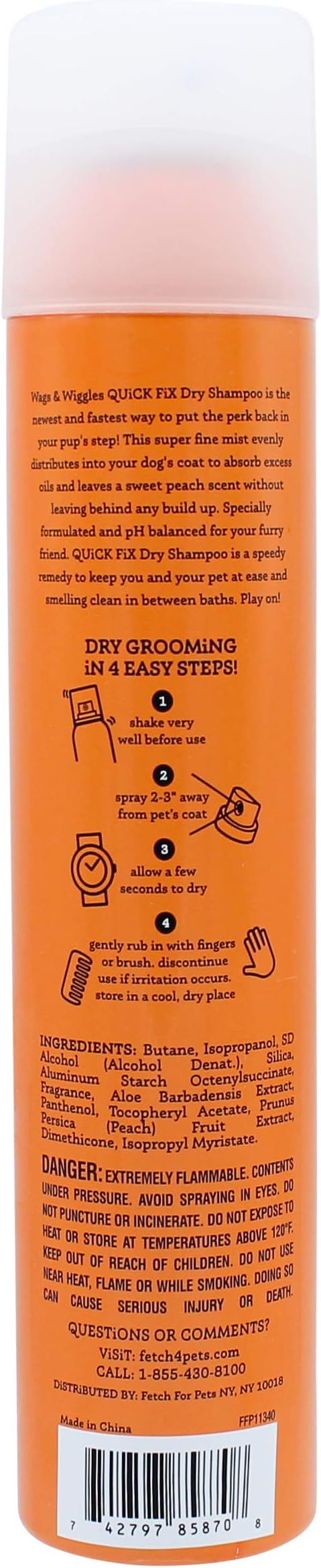 Wags & Wiggles Quick Fix Dog Dry Shampoo, Juicy Peach, 7 Oz | Waterless grooming formula, for quick touch-ups between baths, fresh scent, for daily dog grooming use