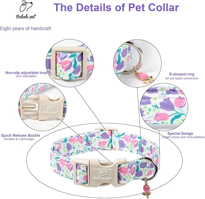 Floral Dog Collar for Medium Dogs - Pink Purple Tulips Print Dog Collars, Spring Summer Cute Flower Puppy Collar, Lightweight Adjustable April Holiday Boy Girl Dogs Collars M