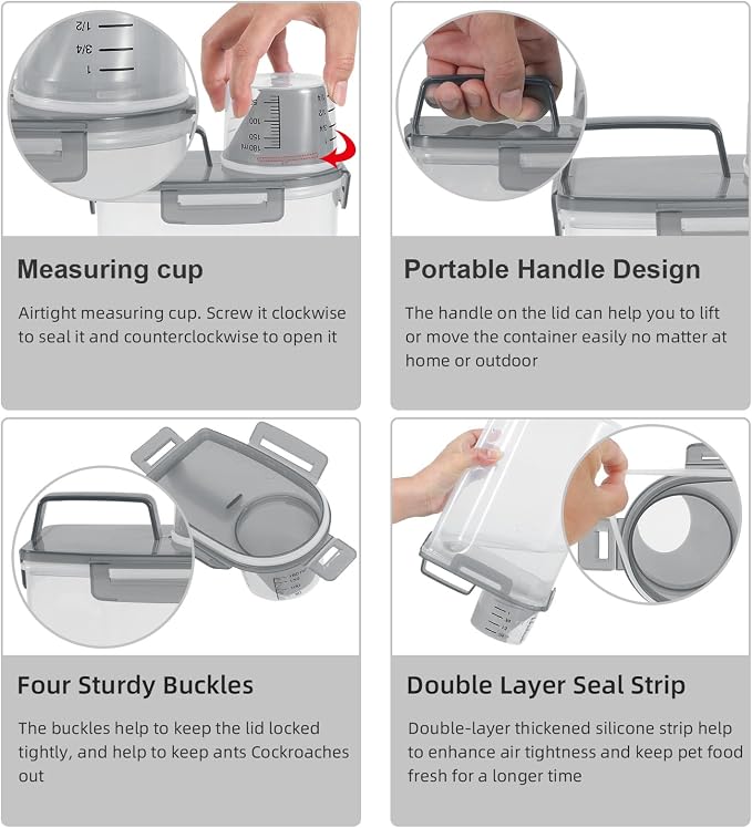 LEAWALK Airtight Small Cat Dog Pet Food Storage Containers BPA Free, with Large Pour Spout/1 Measuring Cup/ 4 Safety Locks and Double-layer Silicone Strip (Clear Grey x 2, 3L-2pack)