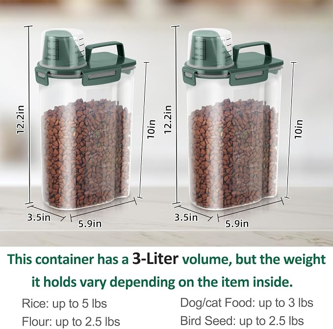 2 Pack 3 Lbs Pet Dog Cat Food Storage Containers for Travel - Pine Green | Airtight Bird Seed Storage Container, 5 Lbs Rice Dispenser Flour Holder for Cereal Oatmeal Pour Spout Measuring Cup Handle