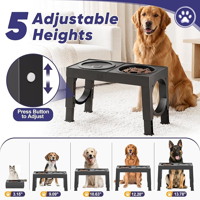 XIAZ Elevated Dog Bowls Large Breed Raised Dogs Bowl Stand Large/Medium Sized Dog Slow Feeder Dogs Bowls Food Water Stands 5 Heights Adjustable 9/11/12/14in Pet Feeder Dish Station