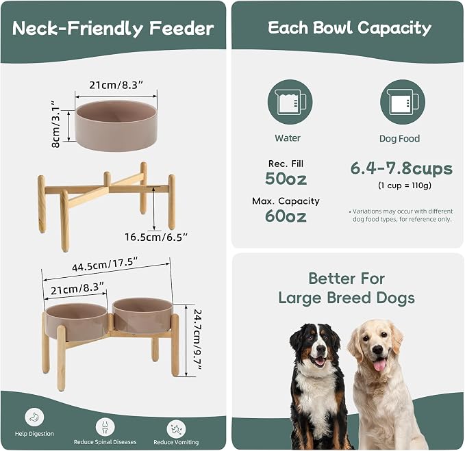 Havniva 8.3inch Ceramic Raised Dog Bowl with Stand, Double Dog Bowls Elevated for Large Breed Dog Food and Water Bowl Set Non-Slip Dog Dish Large Capacity Feeding Pet Water Bowl