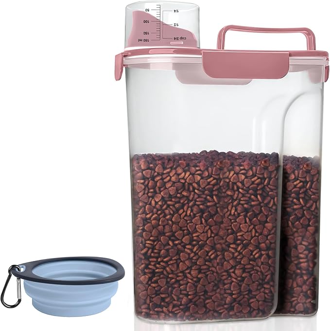 LEAWALK Airtight Small Cat Dog Pet Food Storage Containers BPA Free, with Large Pour Spout/1 Measuring Cup/ 4 Safety Locks and Double-layer Silicone Strip (Rose Pink, 5L-1pack)