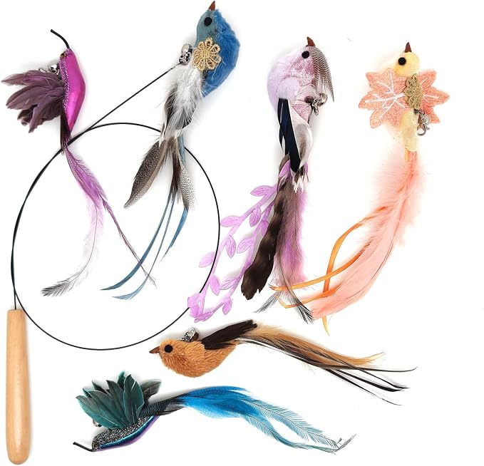 miwoowim Interactive Cat Toys for Indoor Cats - 35'' Steel Wire and 6PCS Feather Bird Refills,Teaser Toy,Cat Wand Toy,Feathers & Bells, Realistic Bird Impression (7 PCS)