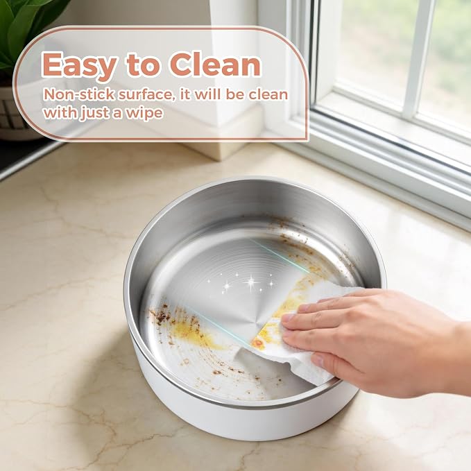 WENBOKMIN Dog Bowl, Stainless Steel Dog Food and Water Bowl with Non Slip Quiet Bottom, Easy to Clean, Dishwasher Safe, 64oz, White