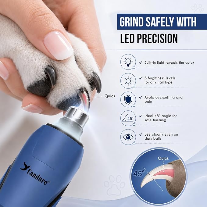 Candure Whisper Quiet Dog Nail Grinder with 360 Degree LED Light, 6-Speed Rechargeable Pet Nail Trimmers with Extra Grinding Head for Safe, Stress-Free Grooming for All Pet Sizes (Dark Blue)